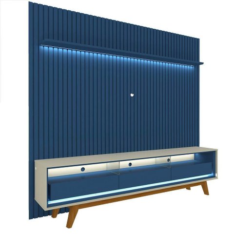 Rack com Painel Ripado com Led Nobre Azul Royal com Off White - Gelius Móveis