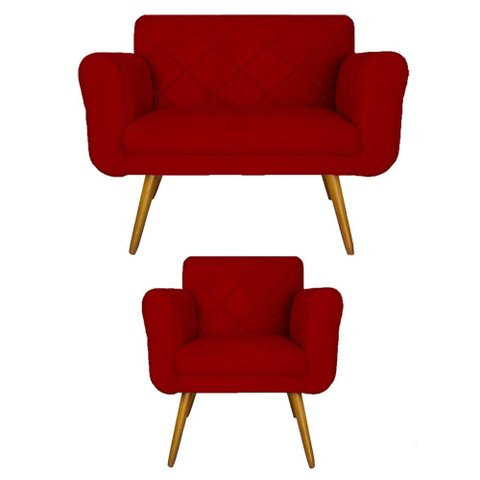 Jogo Namoradeira e 1 Poltrona Estofada Salão de Beleza Isabella Suede Vermelho - LM DECOR