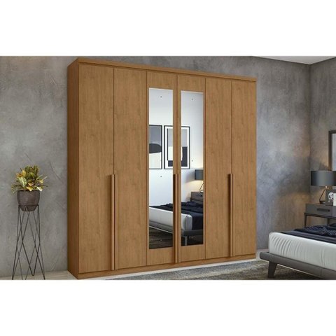Guarda Roupa Casal 6 Portas (2 C- Espelho) e 4 Gavetas Alonzo New Amêndoa - Lopas