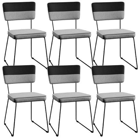 Kit 06 Cadeiras Decorativas Estofada Base Aço Allana L02 Faixa Corano Preto Linho Cinza - Lyam