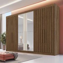 Guarda Roupa 6 Portas 4 Portas Ripadas Potente com Espelho 100% Mdf Brauna Off White - Móveis Europa - 1