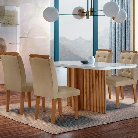 Sala de Jantar Mesa Olímpia 120CM MDF Vidro Canto Copo com 4 Cadeiras Carol Moderna