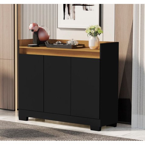 Aparador Buffet Ryzen 3 Portas com Prateleiras Internas - Preto com Nature