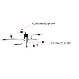 Lustre Pendente Sputnik Moderno Aranha 8 Braços Retrô Preto Sala Quarto Cozinha Área Gourmet Inl66 - 7