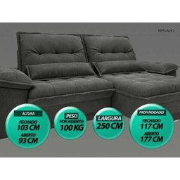 Sofá Bergamo 2,50M Assento Retrátil e Reclinável Velosuede Cinza - Netsofás - 3