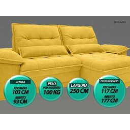 Sofá Bergamo 2,50M Assento Retrátil e Reclinável Velosuede Canário - NetSofás - 3