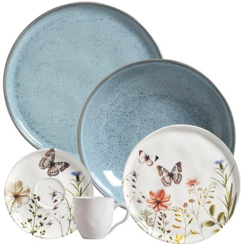 Aparelho de Jantar 24pç Cerâmica Breeze Encanto Porto Brasil Decorada Mesa Posta