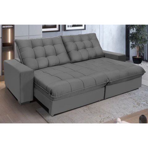 Sofá Califórnia Retrátil e Reclinável 3,10m 6 Lugares Molas Ensacadas Pillow Top Veludo Cinza