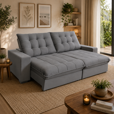 Sofá Califórnia Retrátil e Reclinável 3,10m 6 Lugares Molas Ensacadas Pillow Top Veludo Cinza