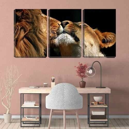 Quadro Decorativo Leão E Leoa Beijado Fundo Preto 45x96