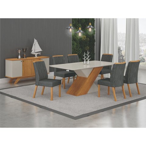 Sala de Jantar 6 Cadeiras Maciça 1,80x90 Ilhéus Arbo Design- Cinamomo Linho Chumbo
