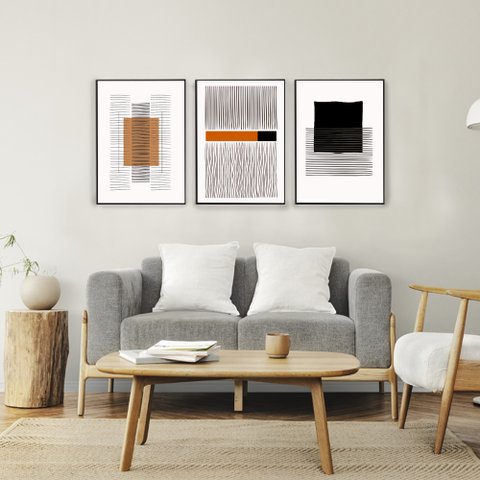 Quadro Decorativo Linhas Modernas Minimalistas em 3 Telas com Moldura Filete