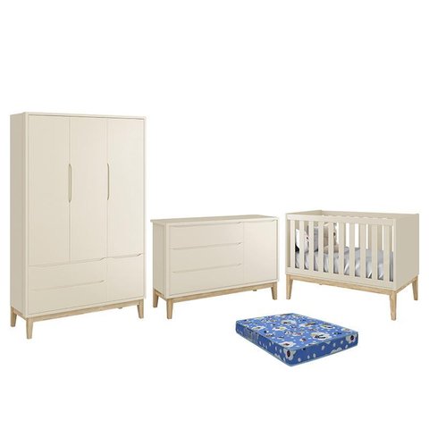 Dormitório Infantil Classic 3 Portas, Cômoda 1 Porta, Berço Areia Fosco com Pés Madeira Natural
