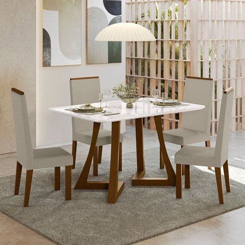 Sala Jantar Ana 136cm Vidro 4 Cadeiras Linho Claro Livia Off White/Âmbar