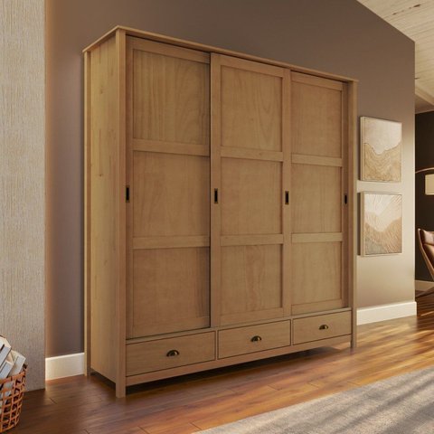 Guarda-roupa 3 Portas de Correr 100% Madeira Maciça Topázio