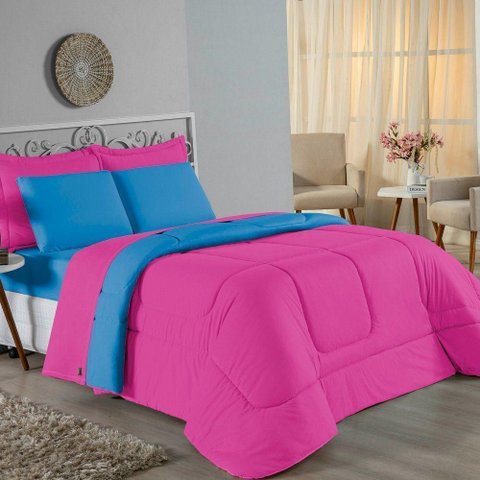 Edredom Solteiro Nobre 1 Peça Dupla Face 1,60m X 2,40m Malha 100% Algodão - Pink / Turquesa