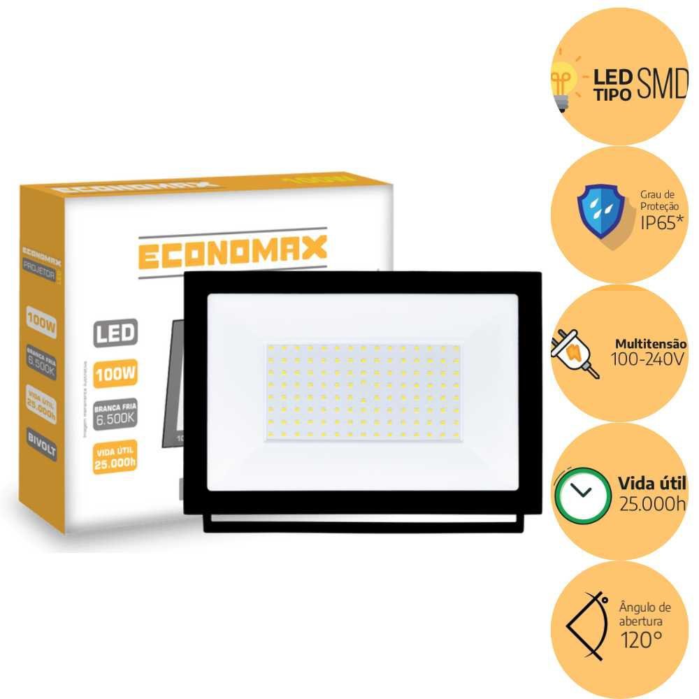 Refletor Slim LED 100W 6.500K IP65 Fria Alta Potência Economaxx - 2