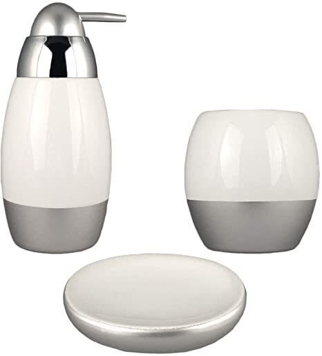Kit Banheiro Lavabo Acessório Prata Porcelana Branca Saboneteira Porta Sabonete Escova 3Pçs Moderno - 1