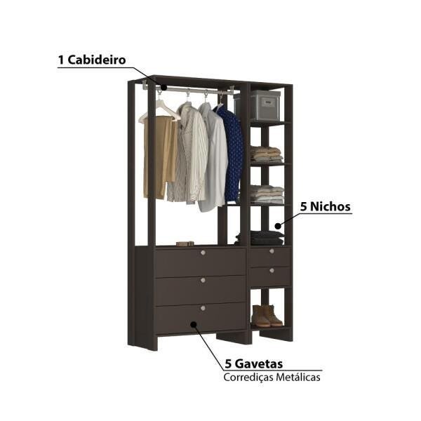 Estante Closet Yes 120cm com 5 Gavetas e 5 Nichos - Grafite - 3