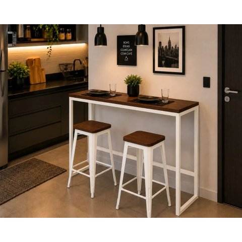 Mesa Jantar Aparador Bancada Alta Industrial 100x30cm Tampo Imbuia Pés Branco