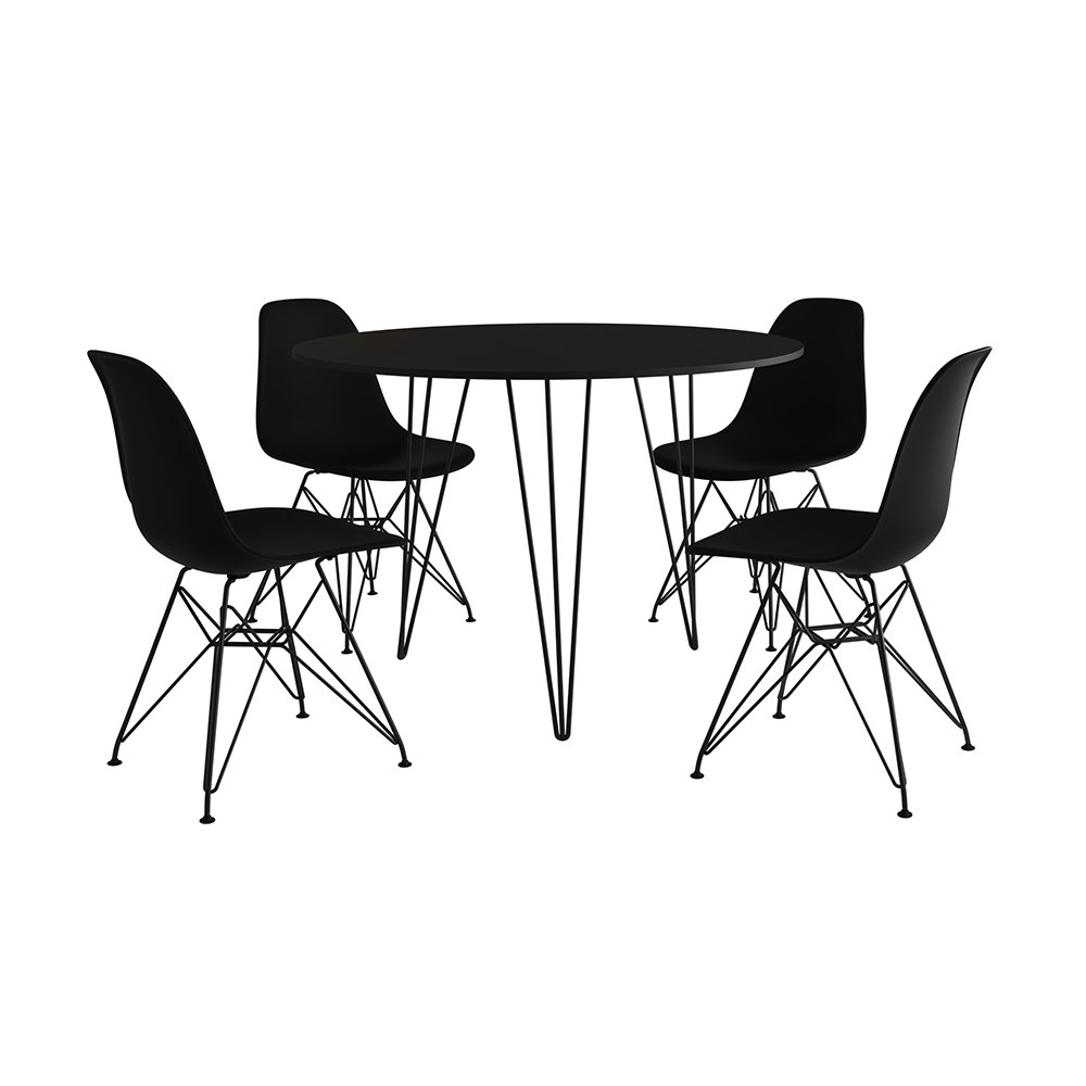 Mesa de Jantar Redonda 90cm Preta Clips 3 Pés com 4 Cadeiras Eames Eiffel Pretas Ferro Preto - 2