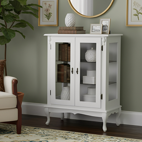 Cristaleira de Madeira 2 Portas 1 Gaveta, Vidros na Lateral e Espelho no Fundo Pés Luiz Xv - Branco