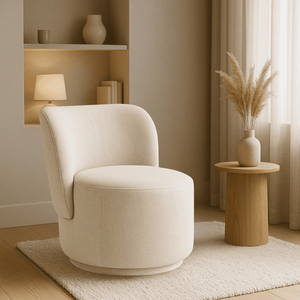 Poltrona Orgânica Redonda Linho Luxo Bege Moderna Confortável Design P/ Sala Espera Recepção Hall