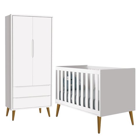Jogo de Quarto Infantil Theo Retrô Guarda Roupa 2 Portas e Berço Branco com Pés Amadeirado - Reller