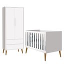 Ver imagem 1 de Jogo de Quarto Infantil Theo Retrô Guarda Roupa 2 Portas e Berço Branco com Pés Amadeirado - Reller