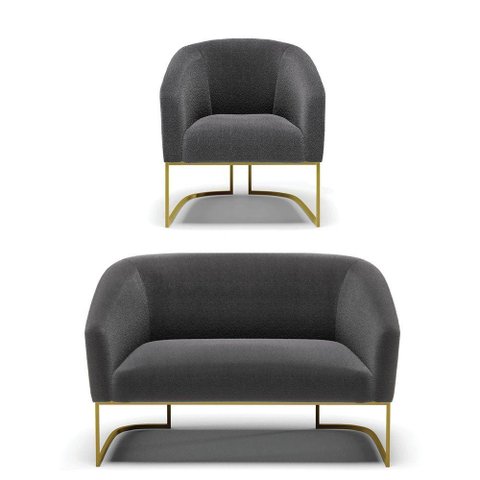 Sofá Namoradeira e Poltrona Base Industrial Dourado Stella Bouclê D03 - D'Rossi Cor Grafite