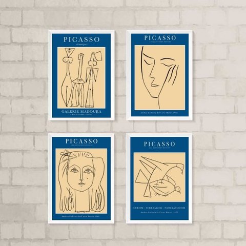 Kit 4 Quadros Decorativos Obras De picasso 33x24cm - com Vidro:madeira Preta