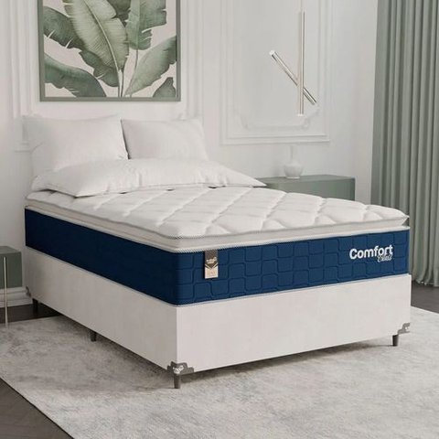 Cama Box Casal + Colchão Comfort Class Pillow Top 138x188 Azul/suede Branco