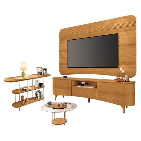 Rack Bancada Elara e Painel Armony Cinamomo com Mesa de Centro Sky com Tampo de Vidro e Aparador