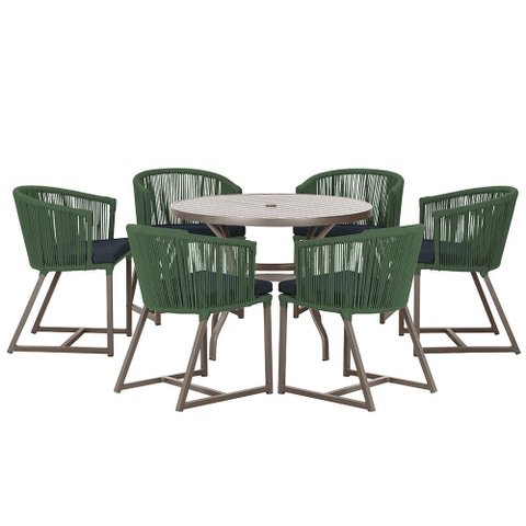 Mesa com 6 Cadeiras de Jantar Roma 120cm e Noronha em Alumínio Marrom Corda Náutica Estofado 12 Tram