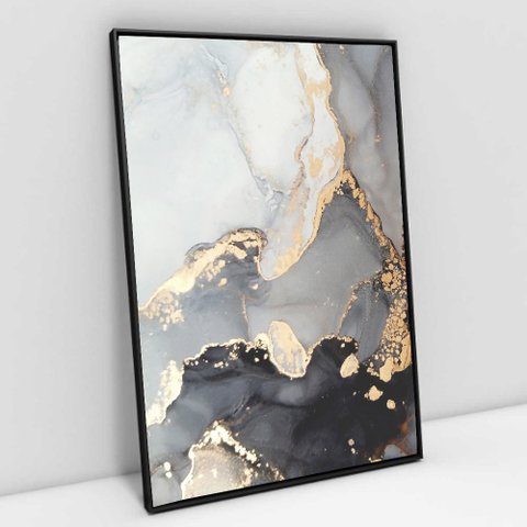 Quadro Decorativo em Canvas Abstrato Mármore Gray TaColado Moldura Flutuante 4,5cm Preta 90 x 60cm