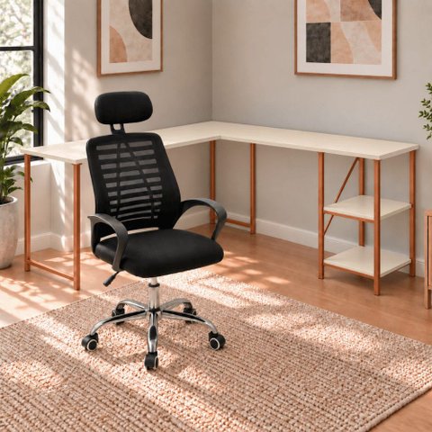 Mesa em L Industrial com Prateleira com Cadeira Diretor