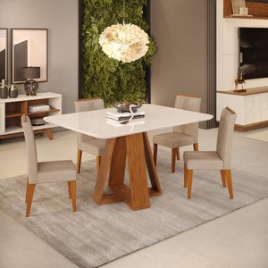 Conjunto de Sala de Jantar 4 Cadeiras Tampo Curvo 120x90 Dj Móveis Kiara Freijó Yasmin Kraft