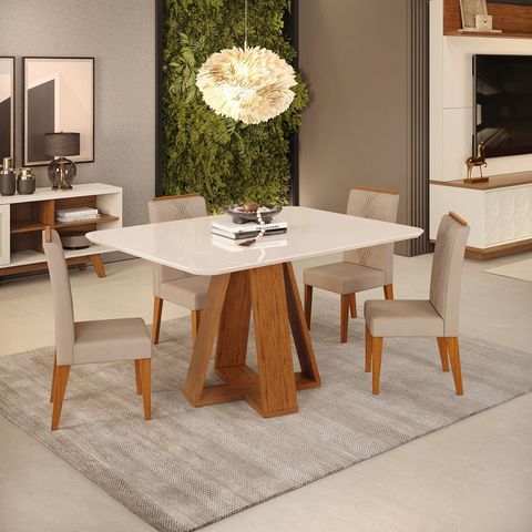 Conjunto de Sala de Jantar 4 Cadeiras Tampo Curvo 120x90 Dj Móveis Kiara Freijó Yasmin Kraft