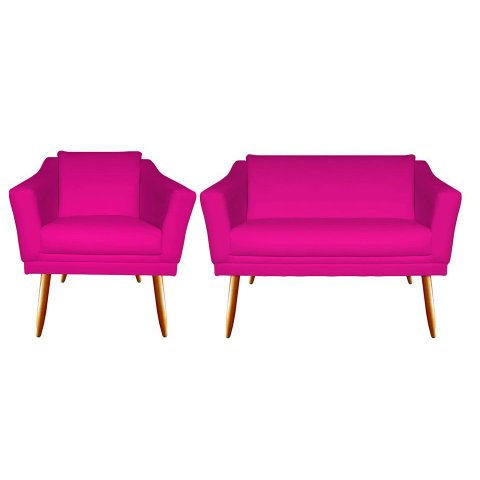 Kit Namoradeira + 1 Poltrona Decorativa Agatha Couro Rosa Pink Pés Madeira Ms Decor