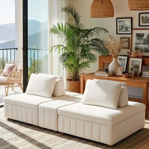 Sofá Ilha 2 Lugares 228cm Jasmim Bouclé Off White - Sallar Home
