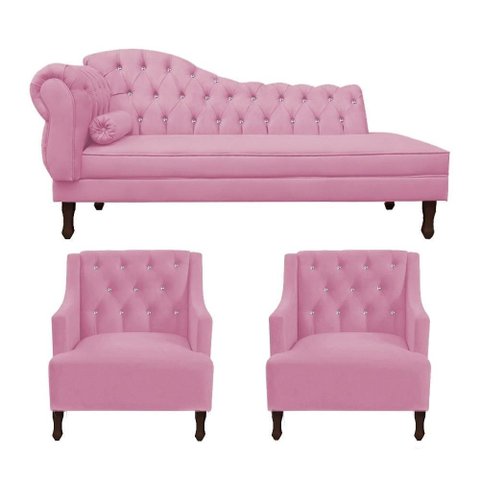 Kit Divã Cancun 185cm Braço Direito + 2 Poltronas Genesis com Strass Suede: Rosa