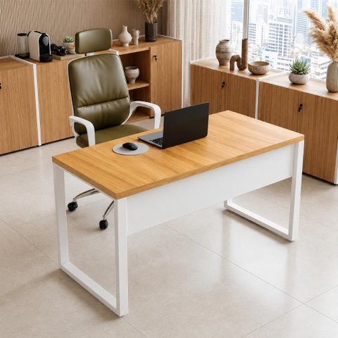 Mesa para Escritório Escrivaninha Industrial sem Gavetas MDF 140cm Freijó com Branco