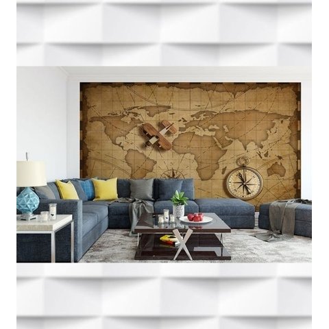 Papel de Parede Mapa Mundi Rosa dos Ventos Para Escritório e Sala