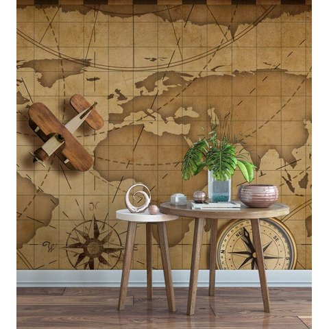 Papel de Parede Foto Mural Mapa Mundi Rosa dos Ventos + Kit de Aplicação Completo