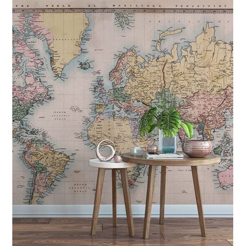 Papel de Parede Foto Mural Mapa Projeção de Mercator + Kit de Aplicação Completo