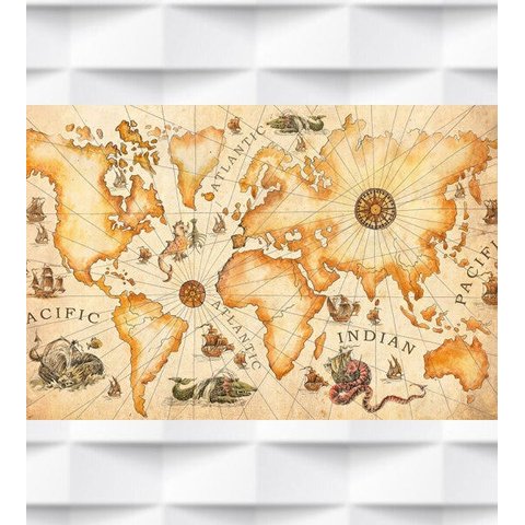 Papel de Parede Mapa Mundi Monstros do Oceano Para Sala e Escritório