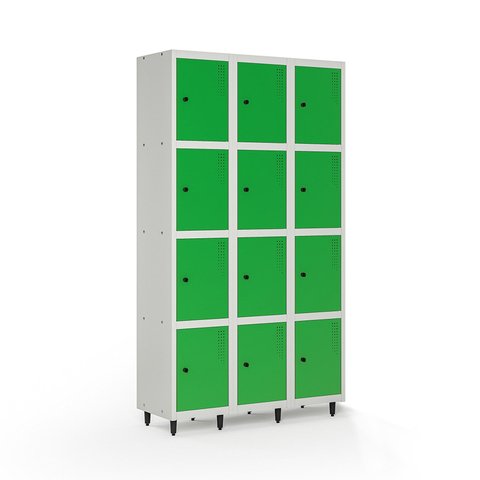 Armário Roupeiro Locker Guarda-Volume de Aço 12 Portas Pequenas com Fecho para Cadeado Vestiário Academia Verde/Cinza