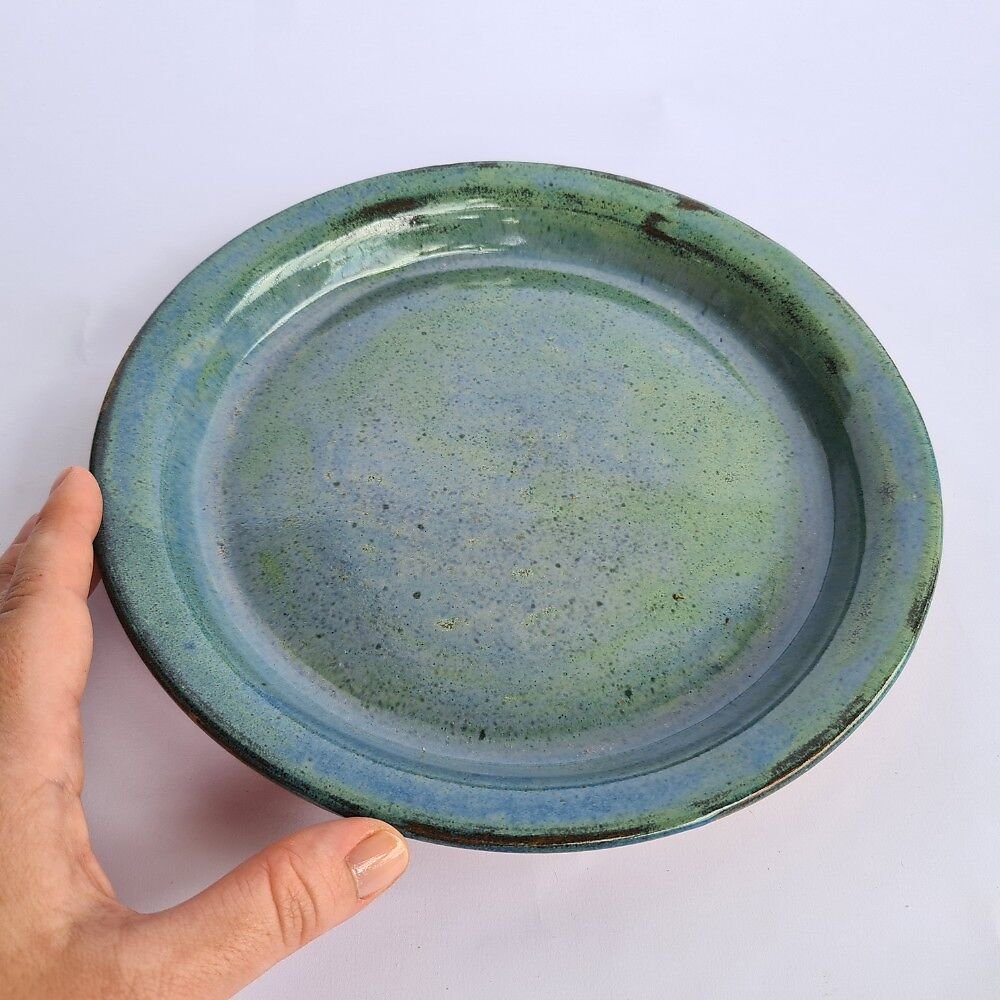 Prato com aba Azul esverdeado de cerâmica artesanal - 6