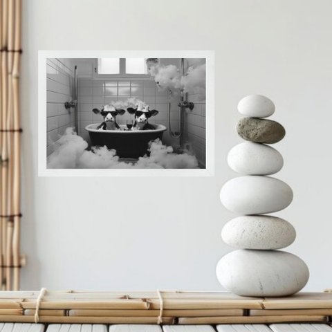 Quadro Banheiro Vacas Tomando Banho 24x18cm - com Vidro:moldura Branca