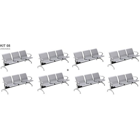 Kit com 08 Cadeiras Longarina Aeroporto Cromada 3 Lugares